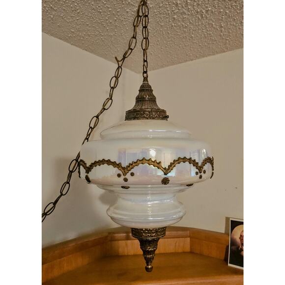 Falkenstein Opalescent Carnival Glass MCM Swag Lamp Free Domestic Shipping - Picture 2 of 6